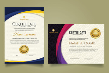 Wall Mural - Set modern certificate template with futuristic and elegant color wave shape on the ornament and modern pattern background