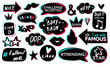 Black blue pink sticker pack white background. Modern music social media birthday celebration design. Icon fashion photo booth props. Vector graphic.