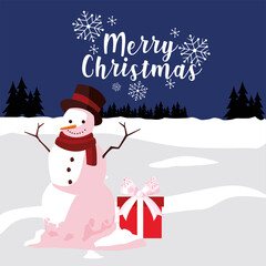 Sticker - merry christmas greeting card snowman with gift in the winter landscape