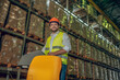 © zinkevych - Warehouse worker in orange helmet standing near shelves with containers