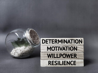 Wall Mural - Inspirational and motivational words of determination motivation willpower resilience wooden blocks. Stock photo.