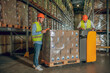 © zinkevych - Male warehouse workers in helmets standing near containers