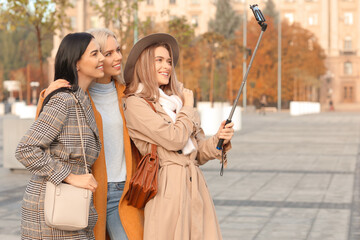 Wall Mural - Beautiful young women taking selfie outdoors