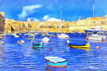 Marine Between With Boats Colorful Painting Looks Like Picture, Isla And Birgu, Malta.
