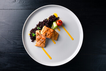 grilled salmon with black rice, Crisp Salmon Steak with Black Risotto
