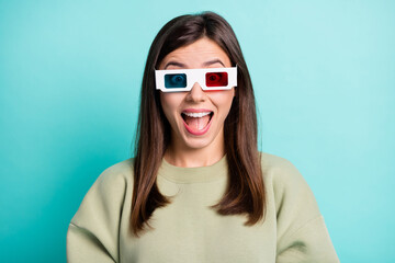 Poster - Photo portrait of cheerful girl screaming wearing 3d glasses isolated on vivid turquoise colored background