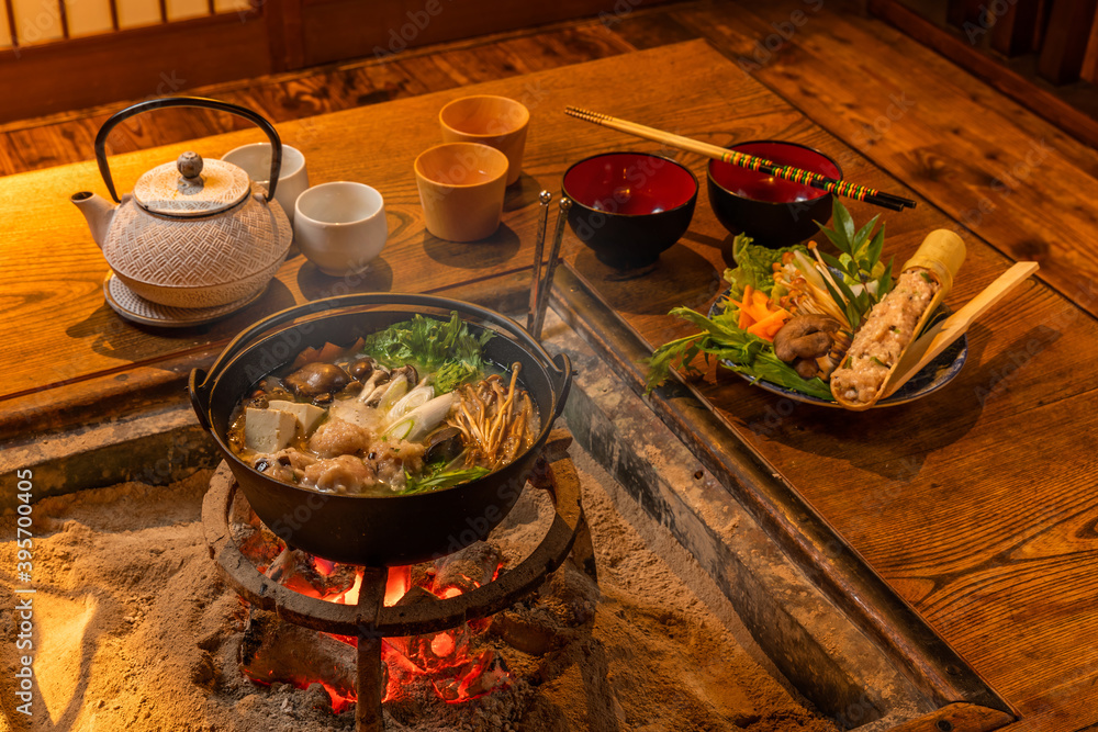 囲炉裏でなべ料理 Chicken hot pot made in Japanese hearth の Stock