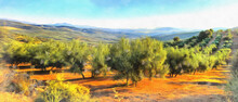 Landscape With Old Olives Colorful Painting Looks Like Picture, Andalusia, Spain.