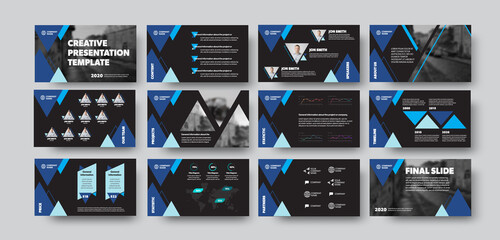 Wall Mural - vector infographic template with blue triangles on black background, presentation slide for annual r