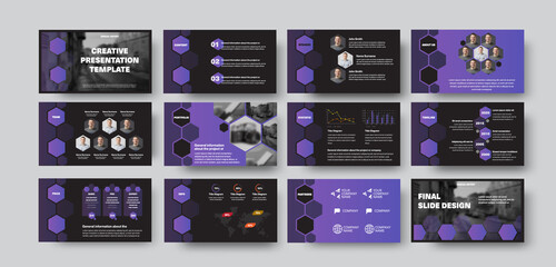 Wall Mural - creative presentation of infographic template, bright brochure design elements on black background f