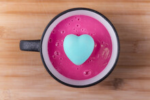 Hot Raspberry Pudding In A Cup With Light Blue Heart