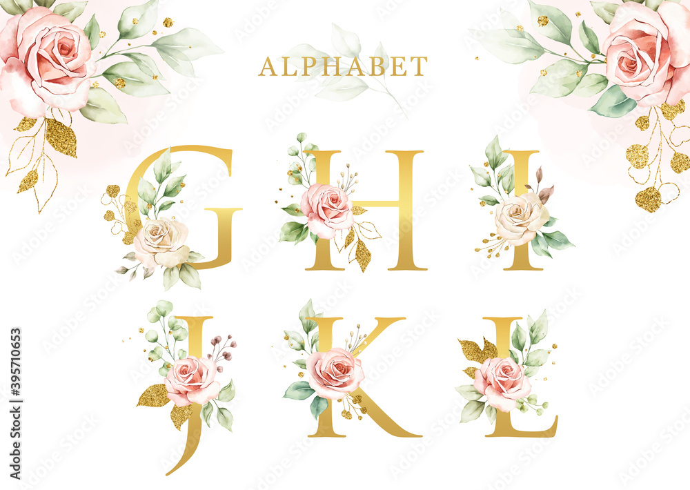 Watercolor floral alphabet set with golden leaves Stock Vector | Adobe ...