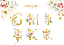 Watercolor Floral Alphabet Set With Golden Leaves