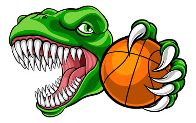 A dinosaur T Rex or raptor basketball player cartoon animal sports mascot holding a ball in its claw