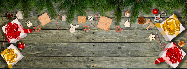 Wall Mural - christmas horizontal banner flat lay ornament decoration with copy space on wood background