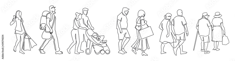 Continuous one line drawing of urban residents walking on city street ...