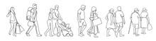 Continuous One Line Drawing Of Urban Residents Walking On City Street. Group Of Different People Walking City Background. Casual Townspeople Crosses The Road In One Way Hand Drawn Vector Illustration