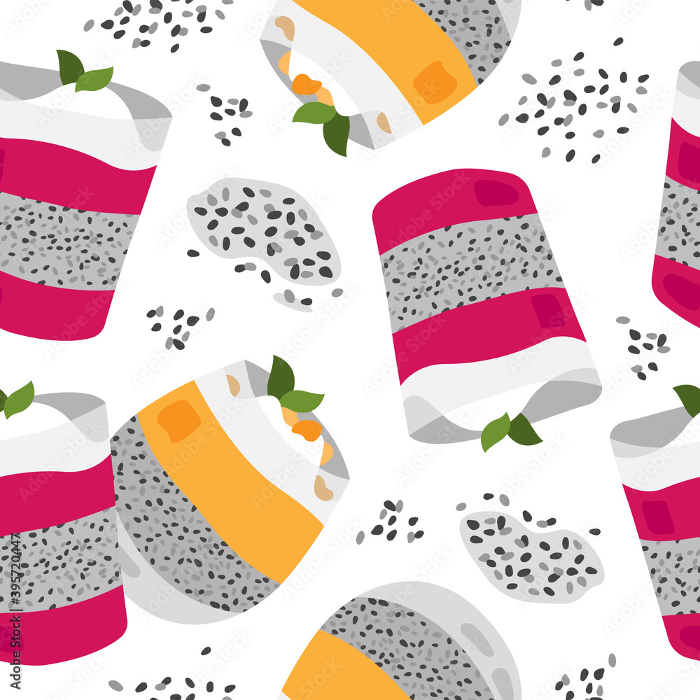 Vector hand drawn pattern of chia pudding and seeds. Chia pudding, chia ...