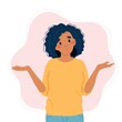 Black woman shrugging with a curious expression, doubt or question, vector illustration in flat style