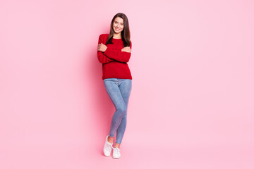 Sticker - Full length photo of charming girl embrace shoulders beaming white smile wear red pullover denim jeans sneakers isolated pink color background