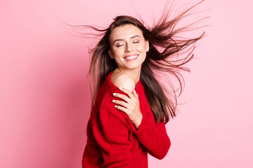 Poster - Profile photo of pretty girl closed eyes cuddle shoulders toothy smile wear red pullover isolated pink color background