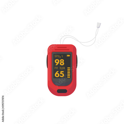 Red pulse oximeter with digits on screen. SPO2 and PR bpm data. Digital healthcare device for saturation and pulse measurement and check for oxygen in blood. Flat style modern vector illustration. © ikonstudio