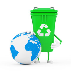 Poster - Recycle Sign Green Garbage Trash Bin Character Mascot with Earth Globe . 3d Rendering