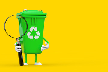 Sticker - Recycle Sign Green Garbage Trash Bin Character Mascot with Magnifying Glass. 3d Rendering