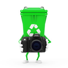 Poster - Recycle Sign Green Garbage Trash Bin Character Mascot with Modern Digital Photo Camera . 3d Rendering