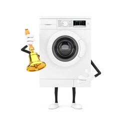 Poster - Modern White Washing Machine Character Mascot with Vintage Golden School Bell. 3d Rendering