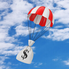 Poster - Help with Fast Money Concept. Tied Rustic Canvas Linen Money Sack or Money Bag with Dollar Sign Falling with Parachute. 3d Rendering