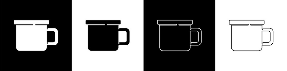 Set Camping metal mug icon isolated on black and white background. Vector.