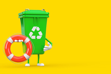 Poster - Recycle Sign Green Garbage Trash Bin Character Mascot with Life Buoy. 3d Rendering