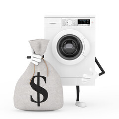 Aufkleber - Modern White Washing Machine Character Mascot with Tied Rustic Canvas Linen Money Sack or Money Bag with Dollar Sign. 3d Rendering