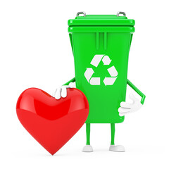 Poster - Recycle Sign Green Garbage Trash Bin Character Mascot with Red Heart . 3d Rendering
