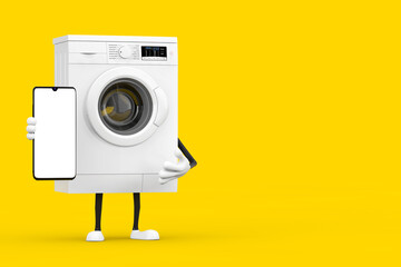 Poster - Modern White Washing Machine Character Mascot with Modern Mobile Phone and Blank Screen for Your Design. 3d Rendering