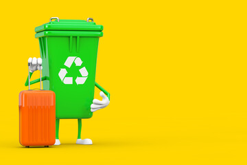 Aufkleber - Recycle Sign Green Garbage Trash Bin Character Mascot with Orange Travel Suitcase. 3d Rendering