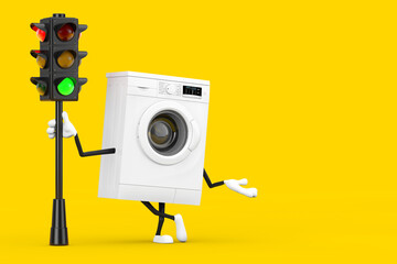 Poster - Modern White Washing Machine Character Mascot with Traffic Green Light. 3d Rendering
