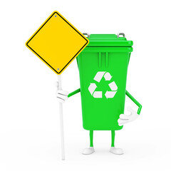 Poster - Recycle Sign Green Garbage Trash Bin Character Mascot and Yellow Road Sign with Free Space for Yours Design. 3d Rendering
