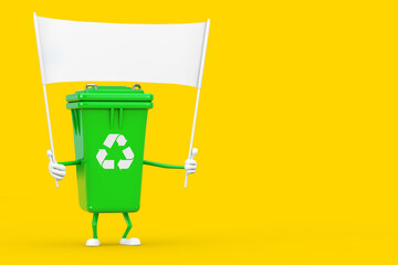 Fototapete - Recycle Sign Green Garbage Trash Bin Character Mascot and Empty White Blank Banner with Free Space for Your Design. 3d Rendering