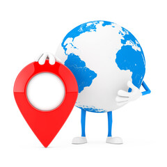 Leinwandbilder - Earth Globe Character Mascot with Red Map Pointer Target Pin. 3d Rendering
