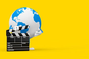 Aufkleber - Earth Globe Character Mascot with Movie Clapper Board. 3d Rendering