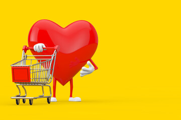 Aufkleber - Red Heart Character Mascot with Shopping Cart Trolley. 3d Rendering