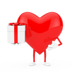 Aufkleber - Red Heart Character Mascot with Gift Box and Red Ribbon. 3d Rendering