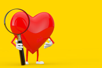 Aufkleber - Red Heart Character Mascot with Magnifying Glass. 3d Rendering