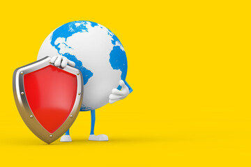 Aufkleber - Earth Globe Character Mascot with Red Metal Protection Shield. 3d Rendering