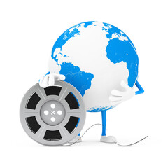 Poster - Earth Globe Character Mascot with Film Reel Cinema Tape. 3d Rendering