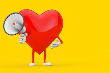 Poster - Red Heart Character Mascot with Red Retro Megaphone. 3d Rendering