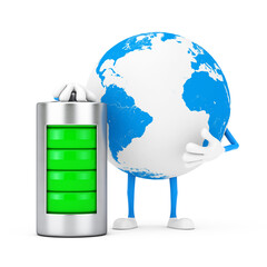 Aufkleber - Earth Globe Character Mascot with Abstract Charging Battery. 3d Rendering