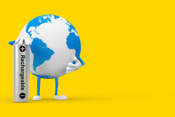 Poster - Earth Globe Character Mascot with Rechargeable Battery. 3d Rendering